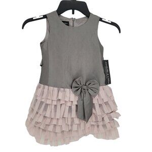 Isabella & Chloe girl 4 gray pink tiered ruffle dress tie back bow detail NWT